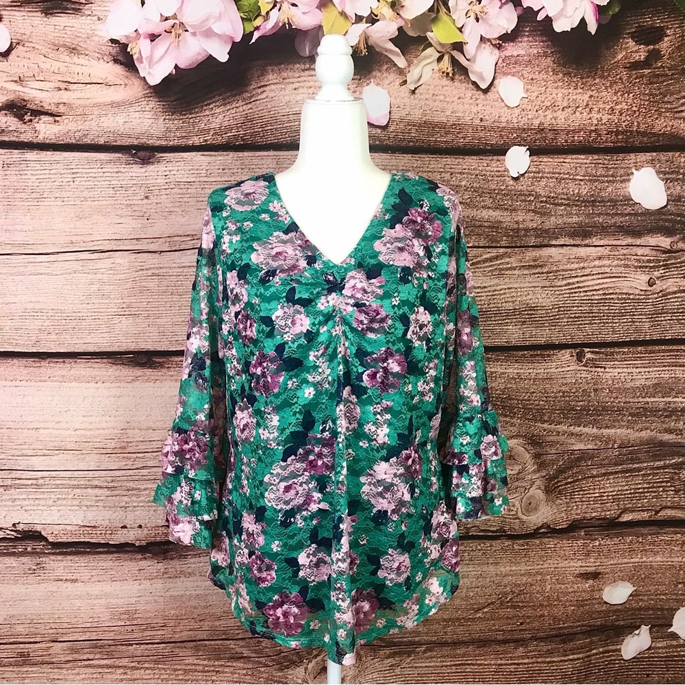 Women's Floral Print Lace Flared Green Pink Bell Sleeve V-neck Long Blouse XXXL